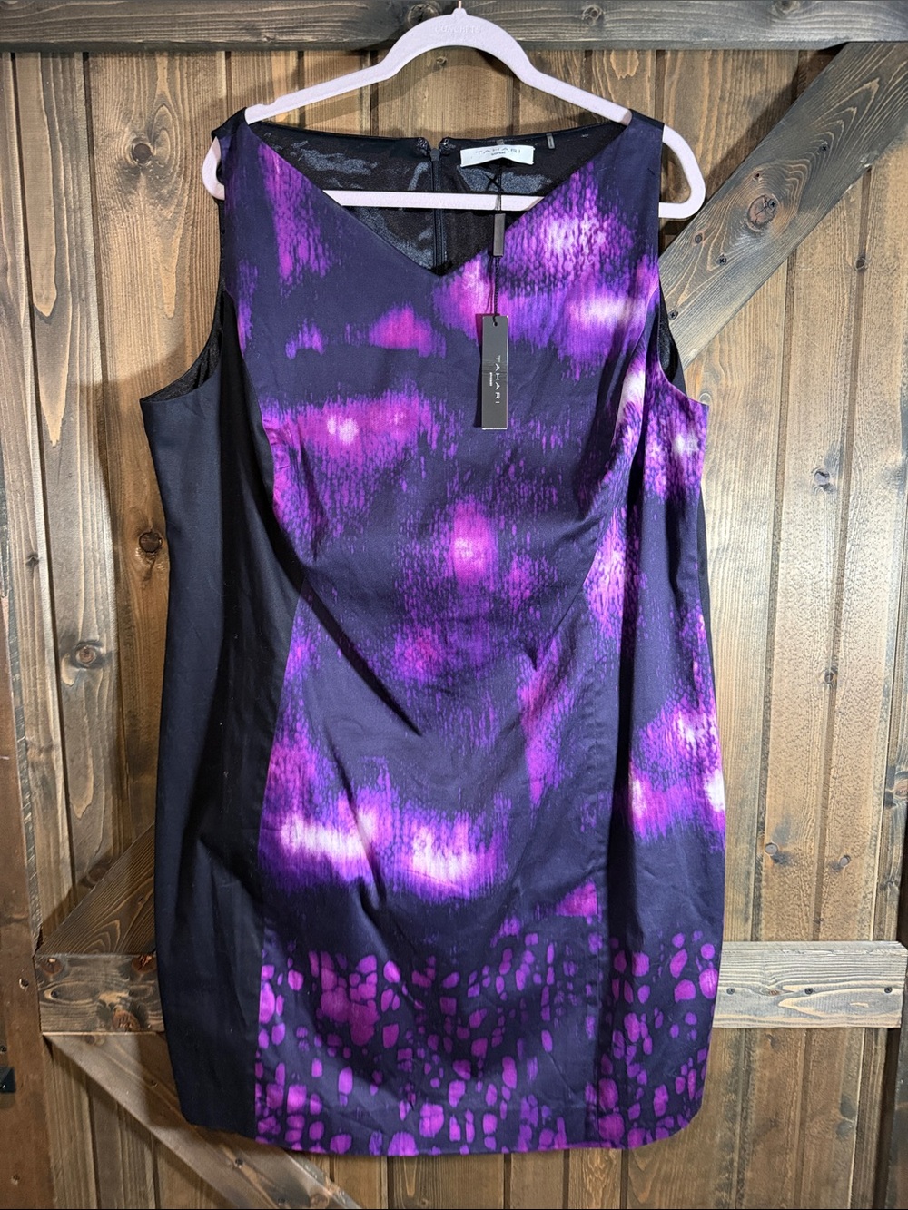 Tahari Black and Purple Printed Sleeveless Sheath Dress